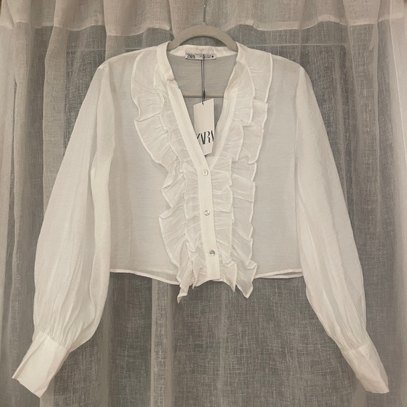 NWT Zara White Femme Romantic Ruffled Boho Cropped Top - Picture 1 of 4